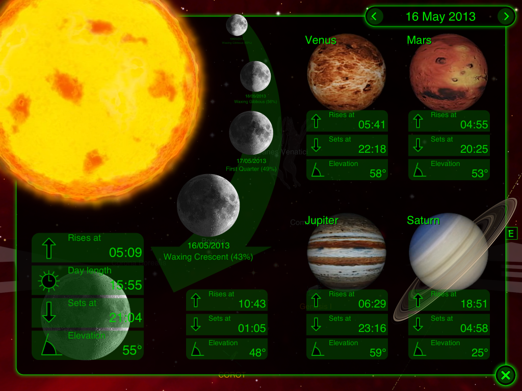 And here is a mixture of menu and controls. You can step through days using the arrows on the date or by interacting with the moon.